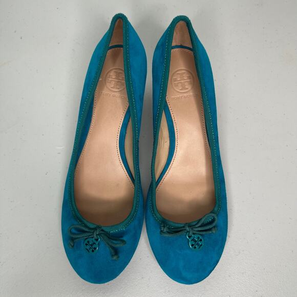Tory Burch Teal Suede Chelsea Ballet Wedges Size 7 - Picture 8 of 9